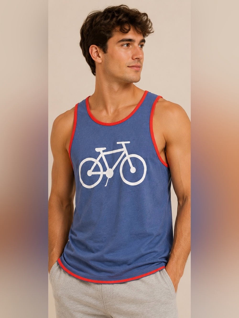 Society Bicycle Graphic Tank Top Blue Red Trim Men's Large